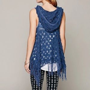 NWT Free People Weave Away Fringe Blue Knit Hooded Vest; Large